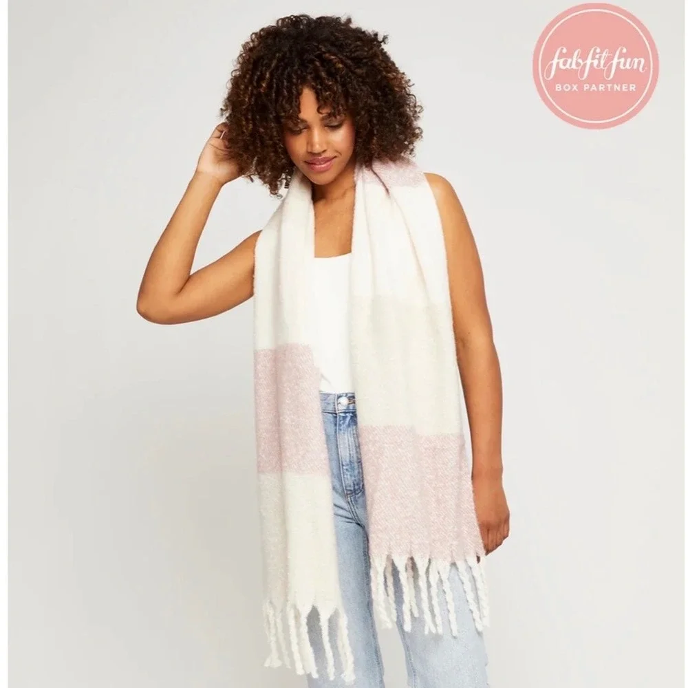 Gentle Fawn Huntington Scarf Pink Cream Plaid‎ Fringe FabFitFun NEW